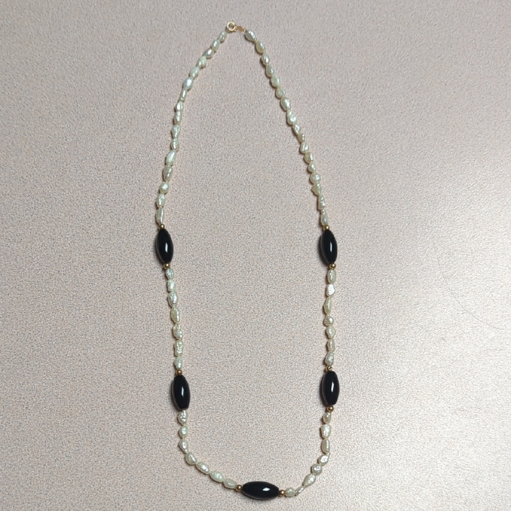 Beautiful 14k Yellow Gold Freshwater Pearl Onyx Beaded Bracelet Necklace